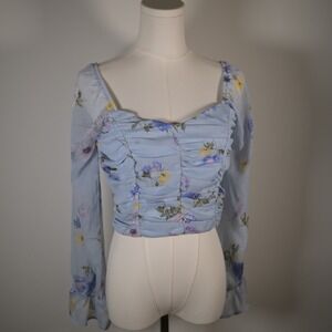 Blashe Light Blue Floral M Ruched Crop Top Sheer Sweetheart Coquette Romantic